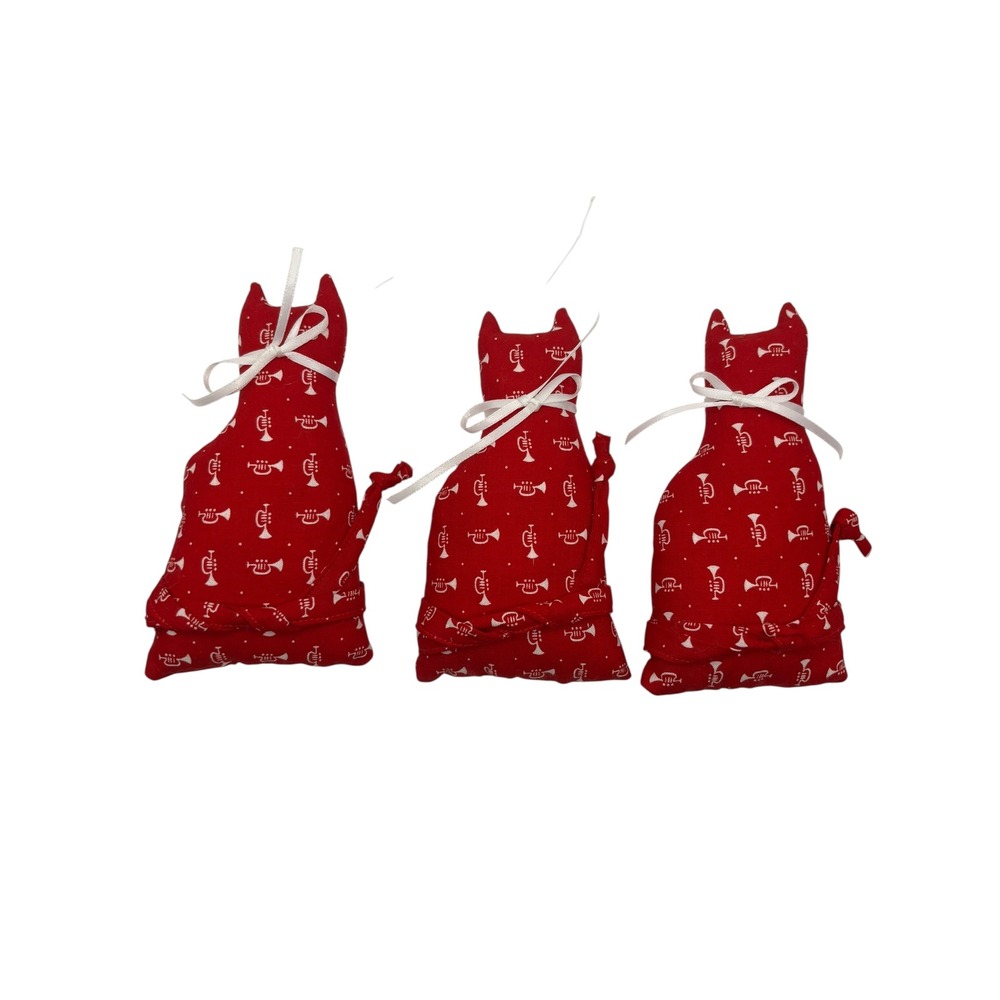 Cat Christmas Ornaments Set‎ of 3 Red Trumpet Musical Holiday Decorations